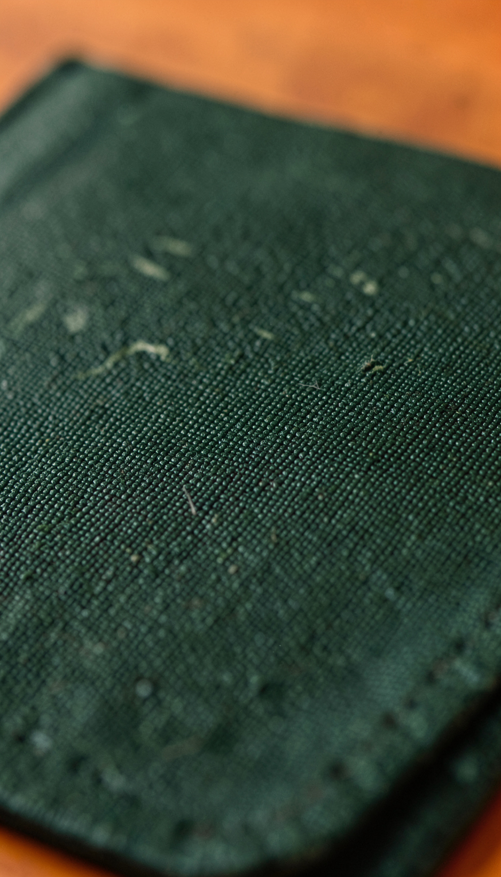 Textura de tela de encuadernación en tono verde bosque oscuro, con grano fino y superficie ligeramente desgastada, iluminación lateral suave.