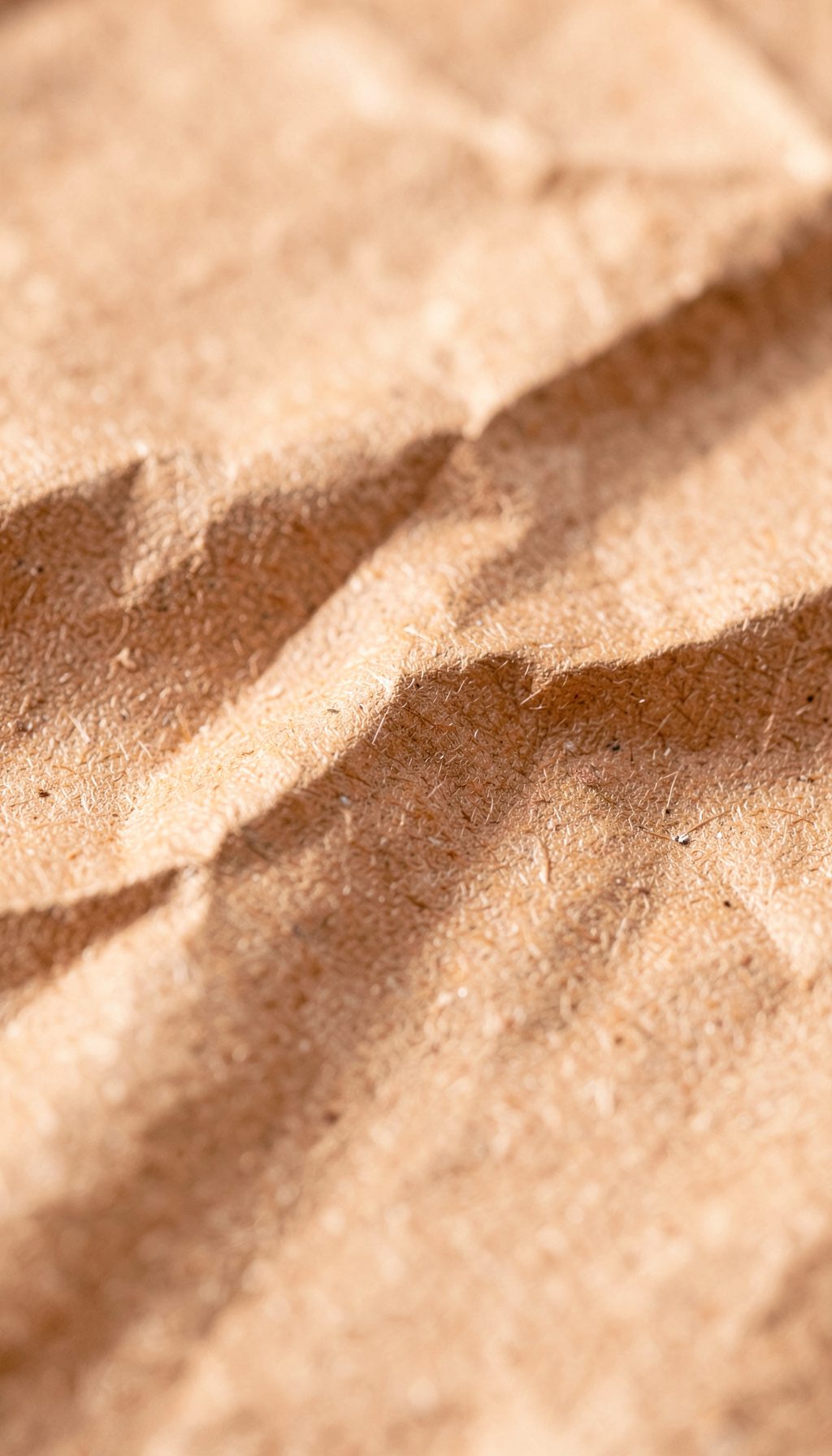 Primer plano de papel kraft marrón con pliegues y arrugas, textura orgánica y tonos tierra, luz natural difusa.
